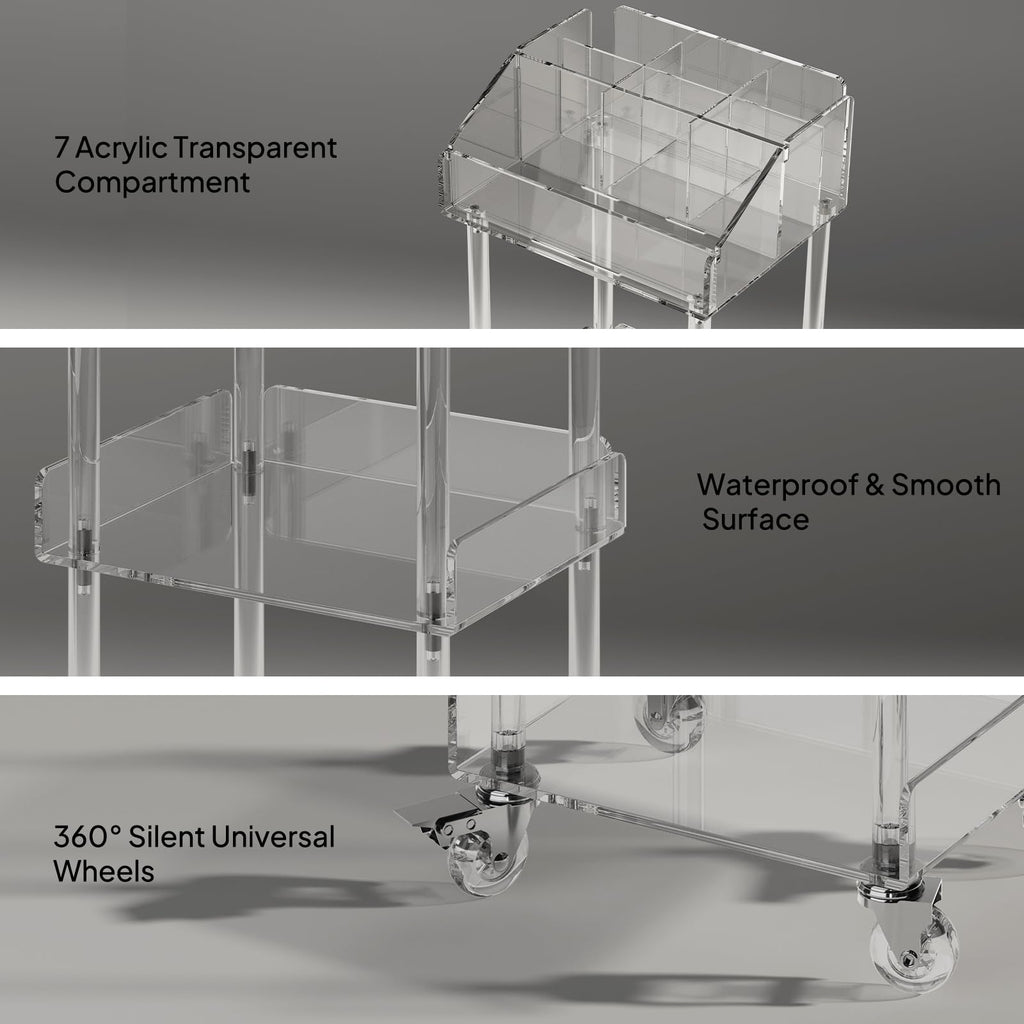 Aquiver Acrylic Makeup Cart - 3-Tier Rolling Vanity Organizer in Clear