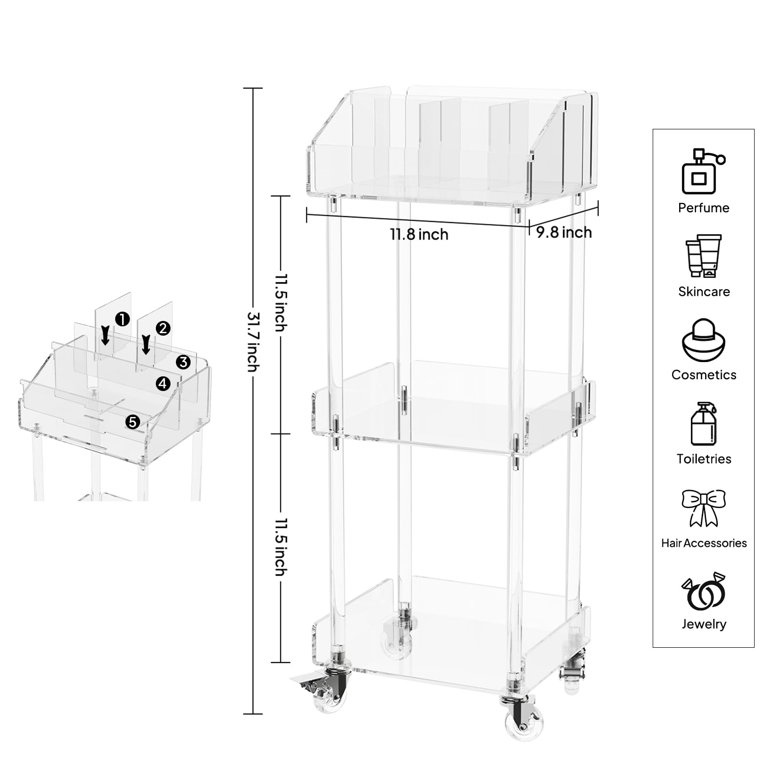 Aquiver Acrylic Makeup Cart - 3-Tier Rolling Vanity Organizer in Clear
