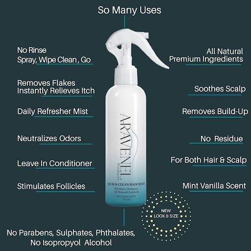 ARAVENEL Quick Clean Hair Mist – All-Natural, No-Rinse Formula (8oz) for Buildup, Odor & Itch