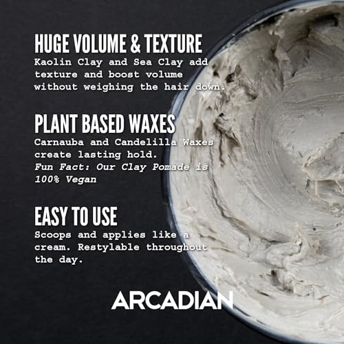 Arcadian Grooming Clay Pomade for Men – Vegan Matte Finish, Strong Hold, 4oz