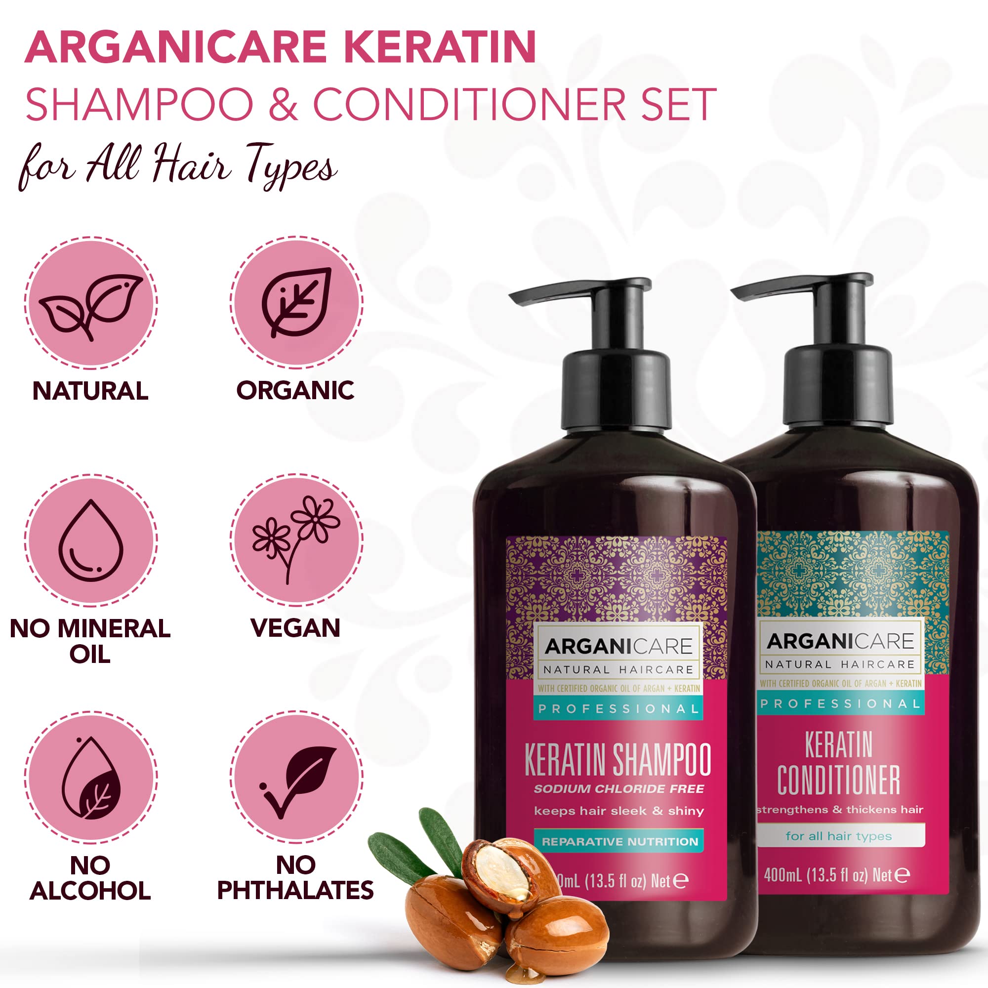 Arganicare Keratin Shampoo & Conditioner Set – Thickening, Strengthening, Organic Argan Oil & Shea Moisture | 27 oz