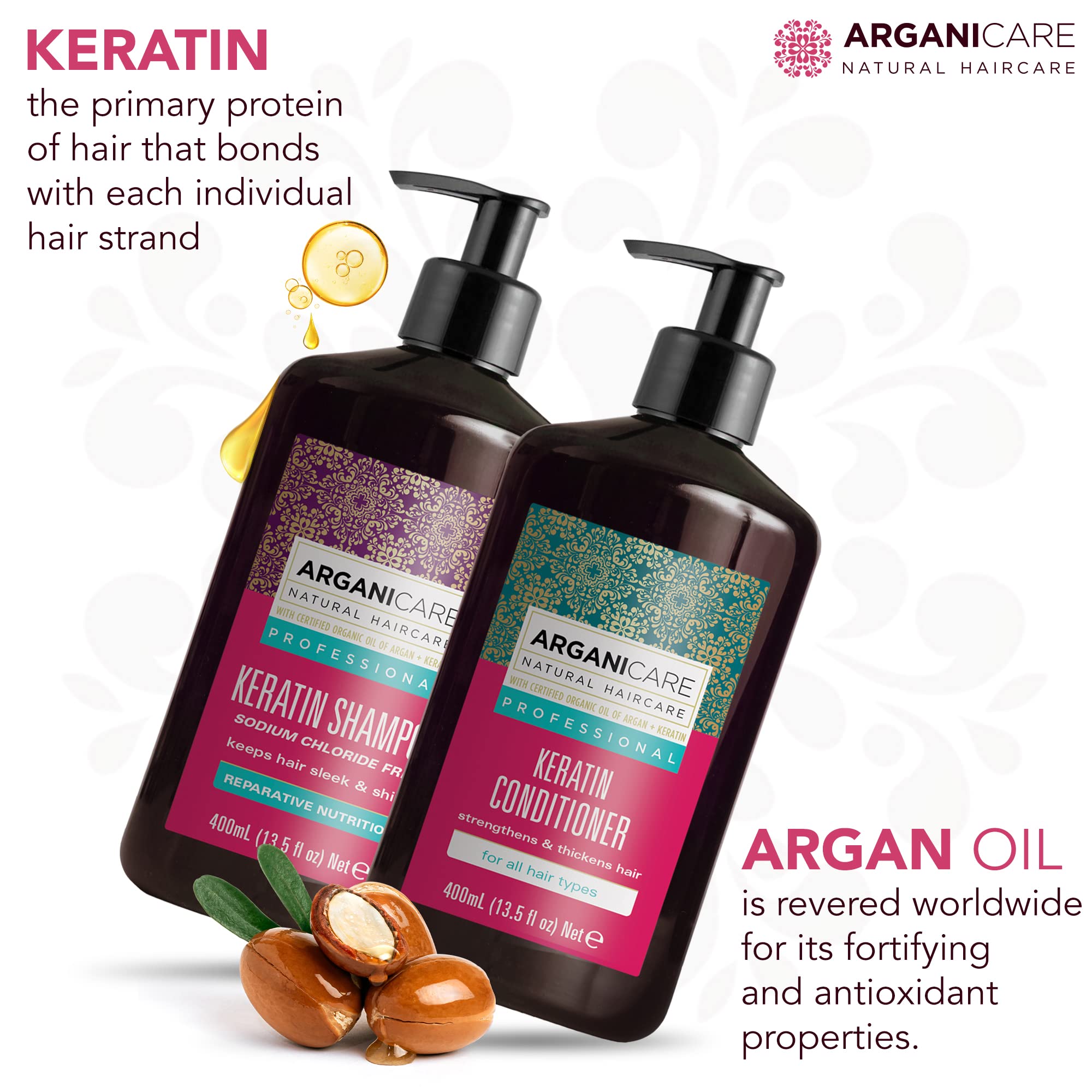 Arganicare Keratin Shampoo & Conditioner Set – Thickening, Strengthening, Organic Argan Oil & Shea Moisture | 27 oz