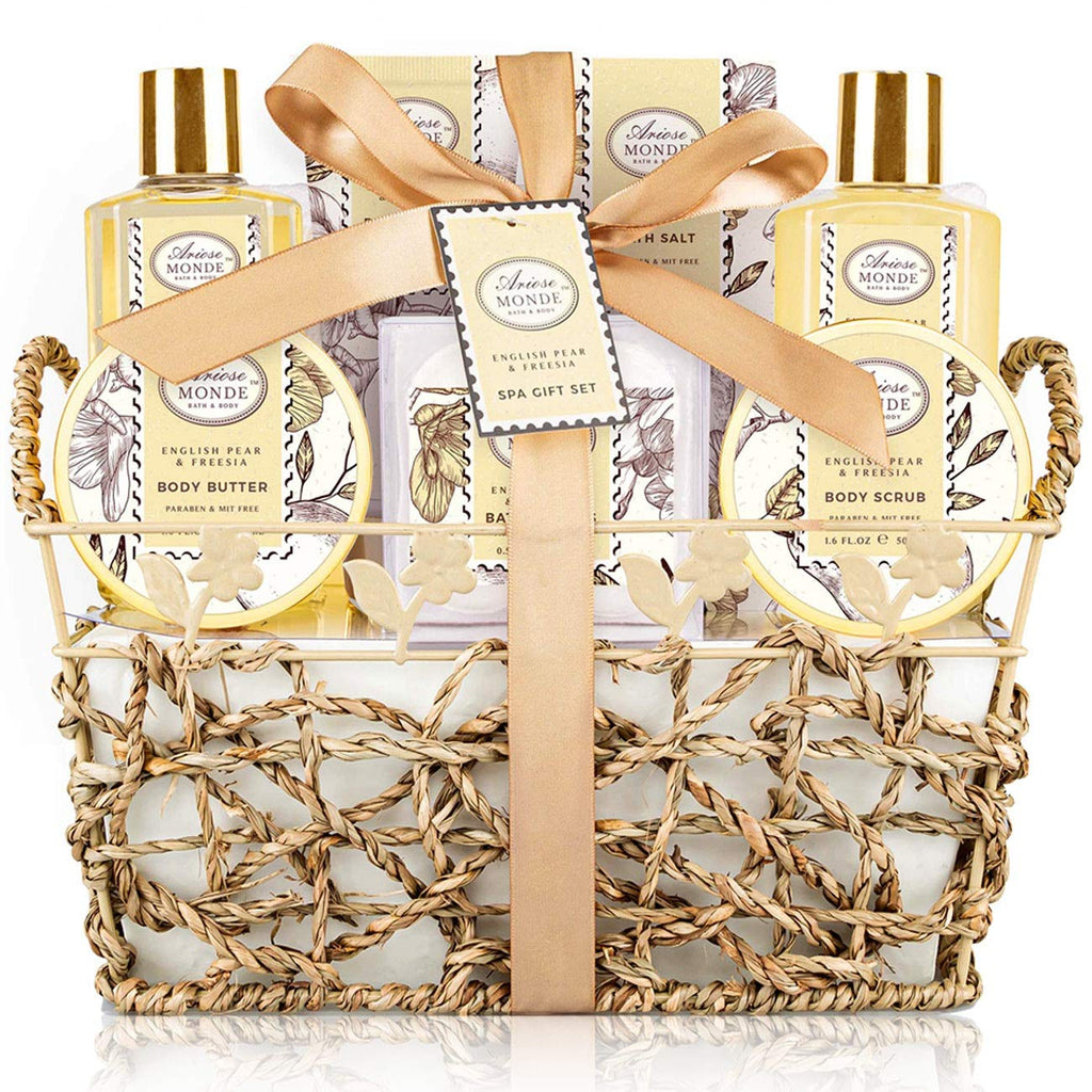 ArioseMonde Bath & Shower Spa Gift Basket – English Pear & Freesia, 9-Piece Set