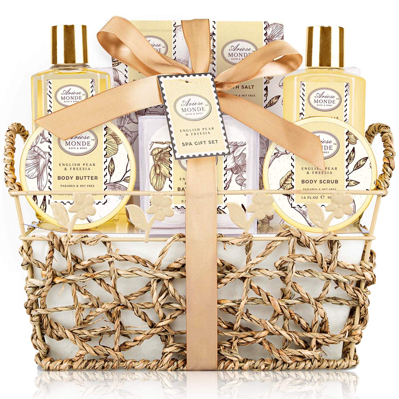 ArioseMonde Bath & Shower Spa Gift Basket – English Pear & Freesia, 9-Piece Set