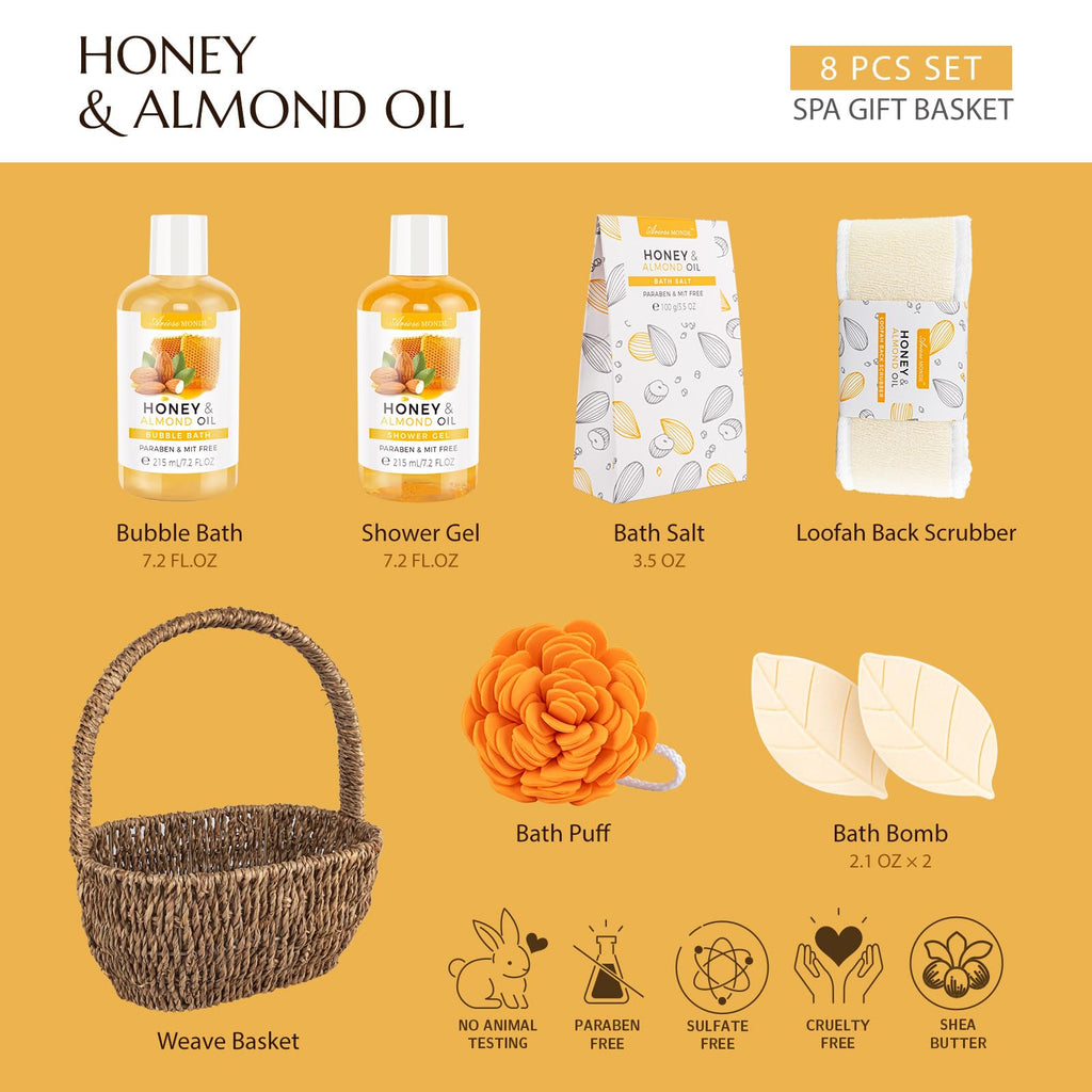 ArioseMonde Bath Spa Gift Basket – 8pc Honey & Almond Set