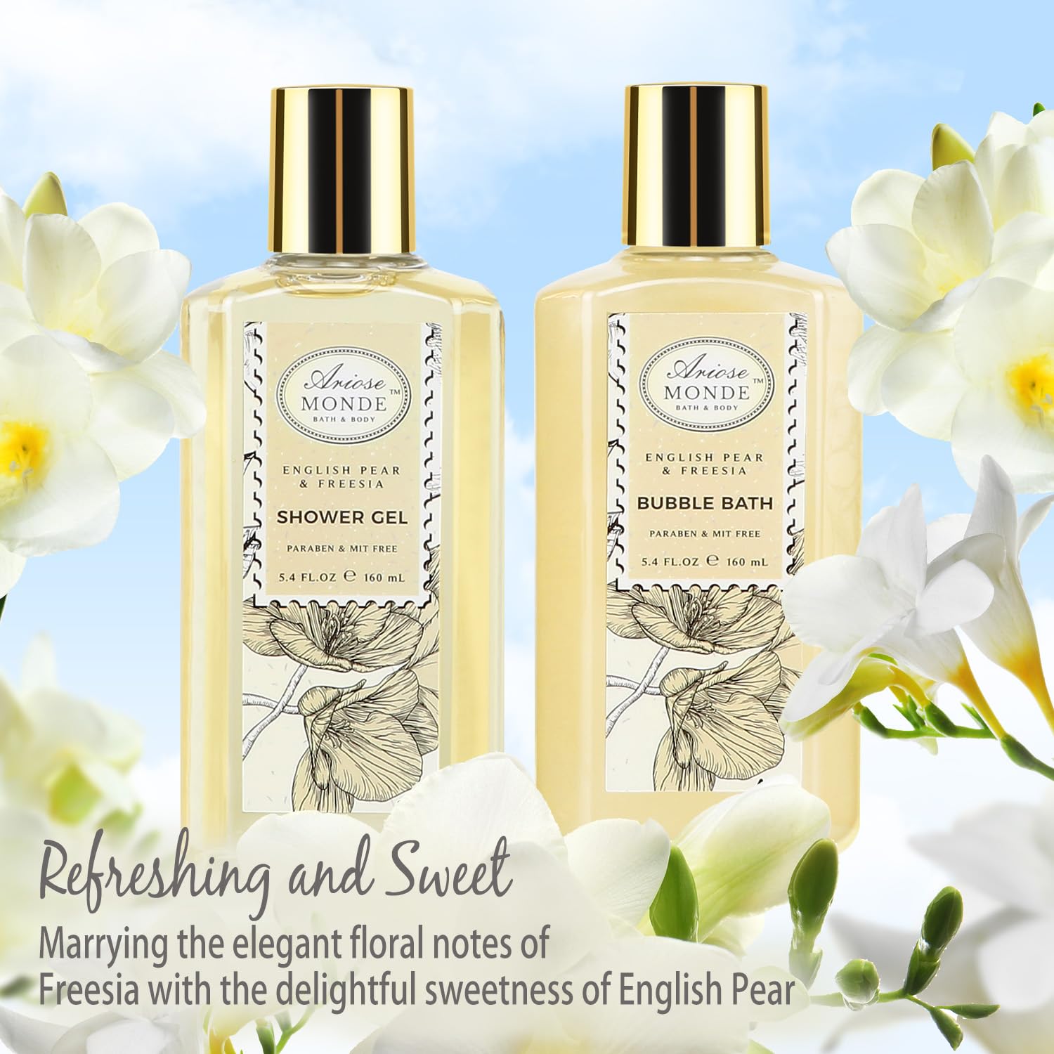 ArioseMonde Bath & Shower Spa Gift Basket – English Pear & Freesia, 9-Piece Set