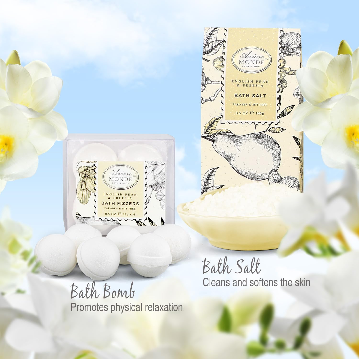 ArioseMonde Bath & Shower Spa Gift Basket – English Pear & Freesia, 9-Piece Set