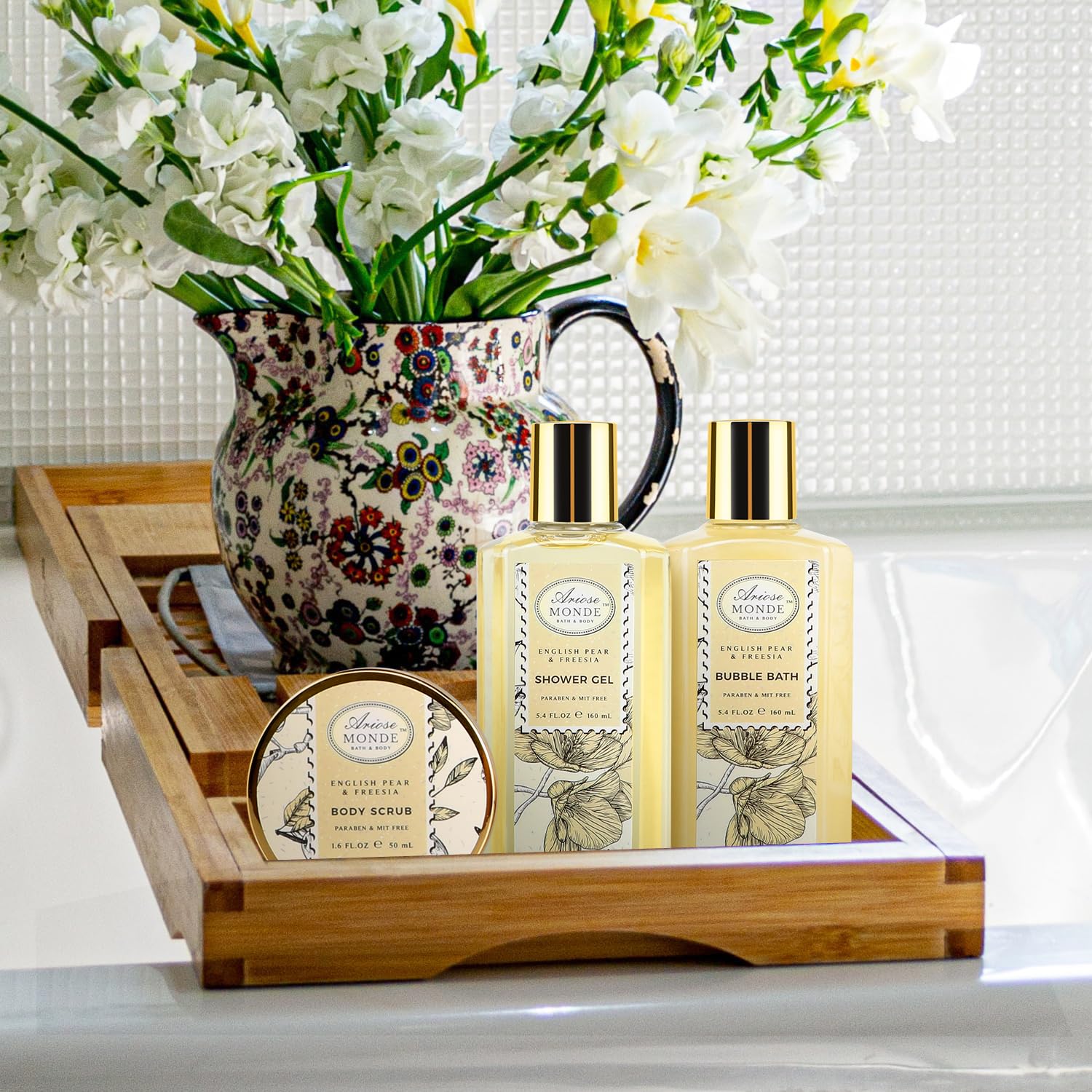 ArioseMonde Bath & Shower Spa Gift Basket – English Pear & Freesia, 9-Piece Set
