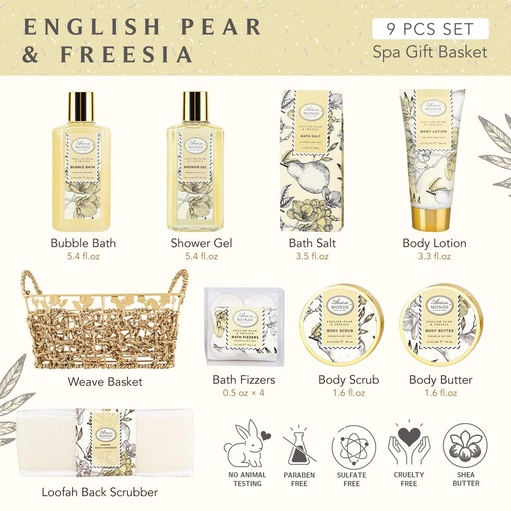 ArioseMonde Bath & Shower Spa Gift Basket – English Pear & Freesia, 9-Piece Set