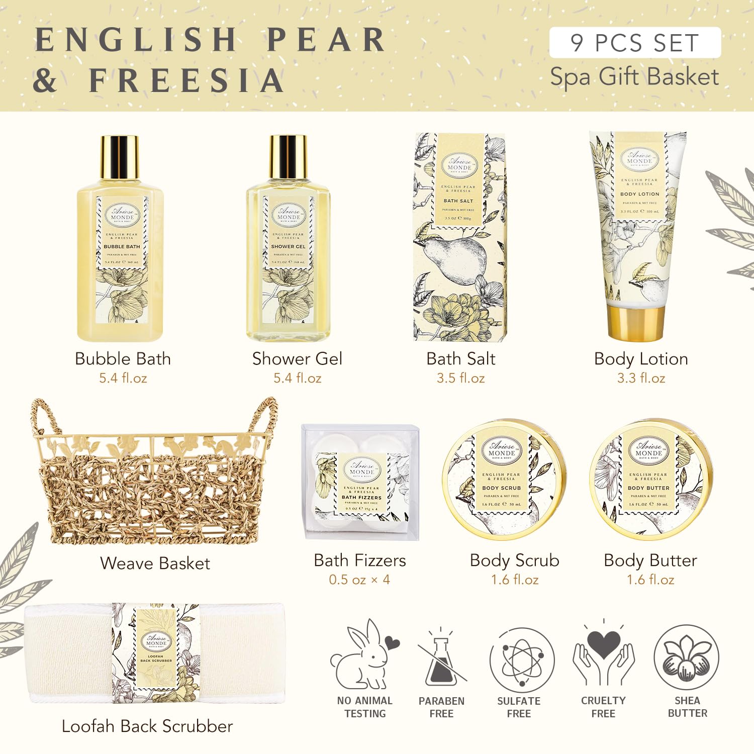 ArioseMonde Bath & Shower Spa Gift Basket – English Pear & Freesia, 9-Piece Set