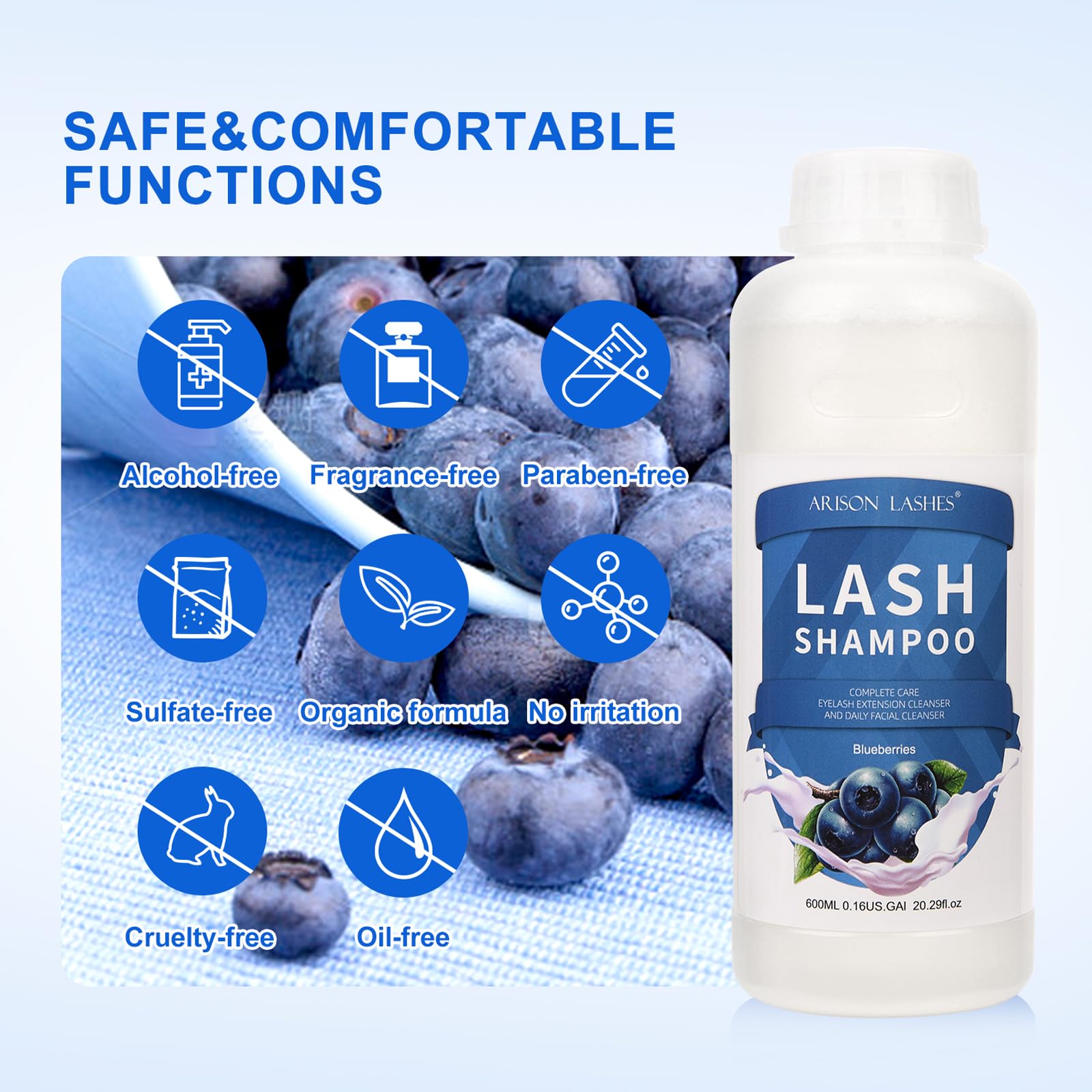 ARISON LASHES Eyelash Extension Shampoo 600ml – Paraben & Sulfate Free, Blueberry