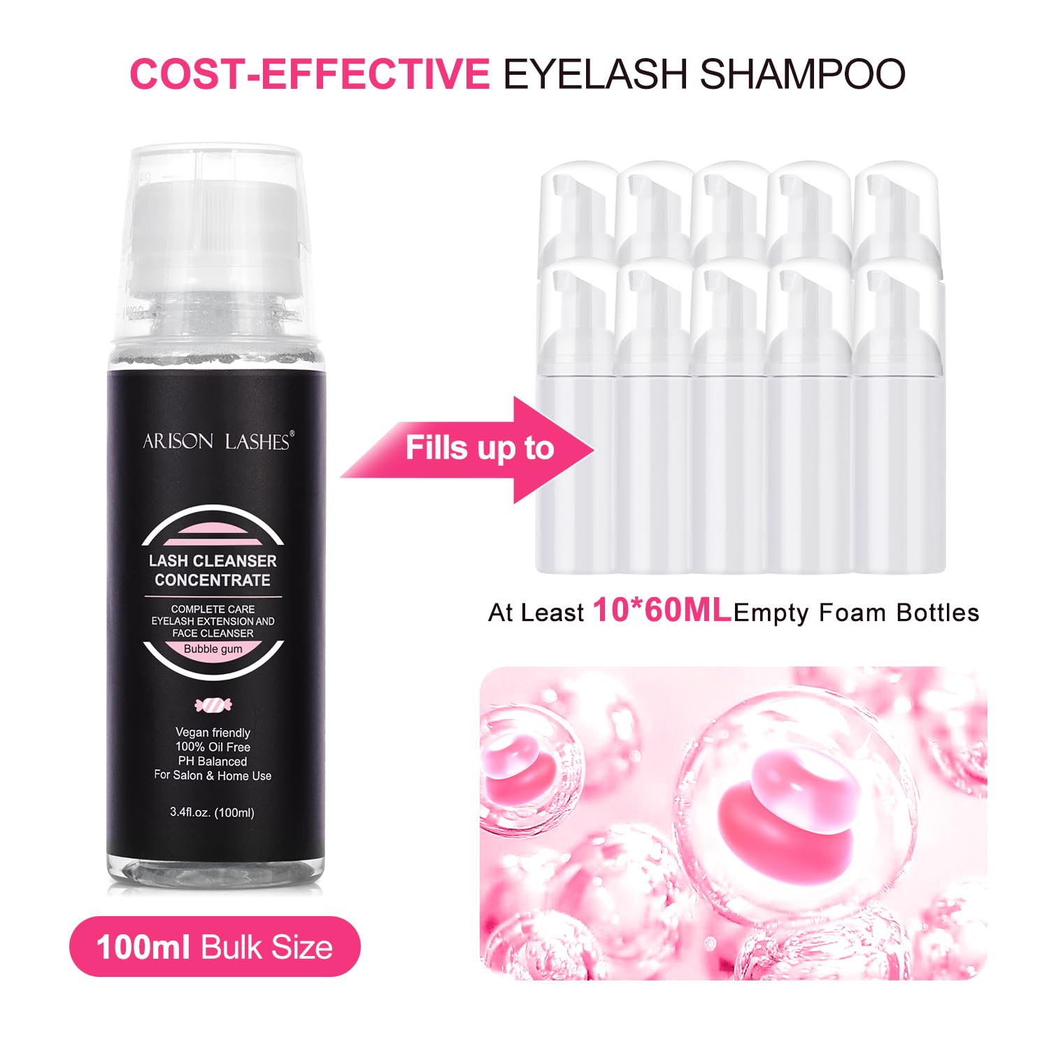 ARISON LASHES Eyelash Cleanser Concentrate 100ml – Gentle Foaming Lash Extensions Shampoo for Salon-Home Care (Bubble Gum)