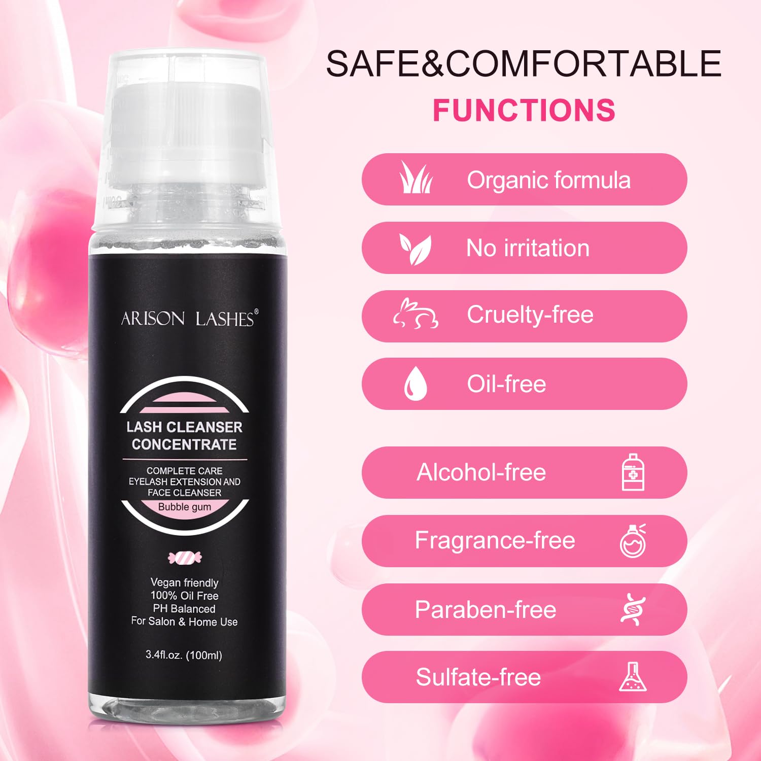 ARISON LASHES Eyelash Cleanser Concentrate 100ml – Gentle Foaming Lash Extensions Shampoo for Salon-Home Care (Bubble Gum)