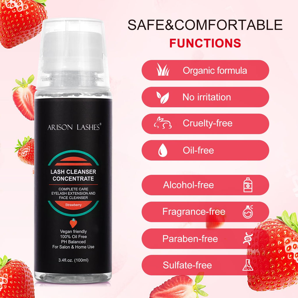 ARISON LASHES Eyelash Cleanser Concentrate 100ml – Foaming Lash Shampoo for Extensions (Strawberry)