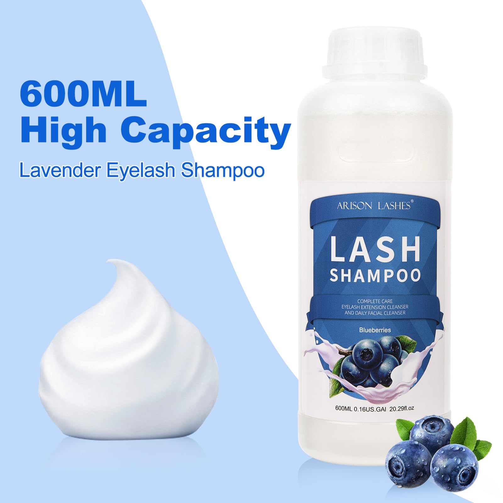 ARISON LASHES Eyelash Extension Shampoo 600ml – Paraben & Sulfate Free, Blueberry