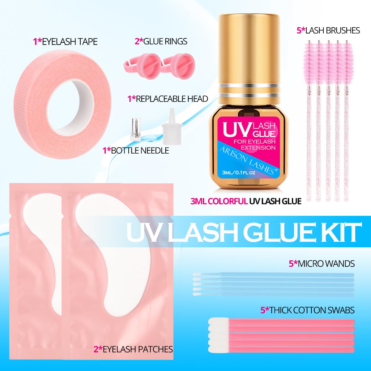 ARISON LASHES UV Lash Glue Kit—0.5–1s Cure, Waterproof, Pro-Use (3ml, Blue)