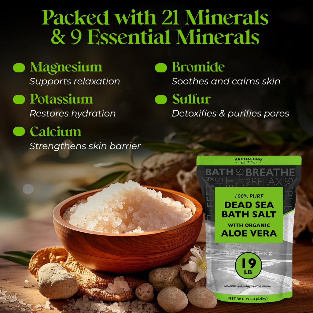 Aromasong Dead Sea Salt with Organic Aloe Vera – 19 Lbs Bulk Spa Bath Salts, Pure & Natural