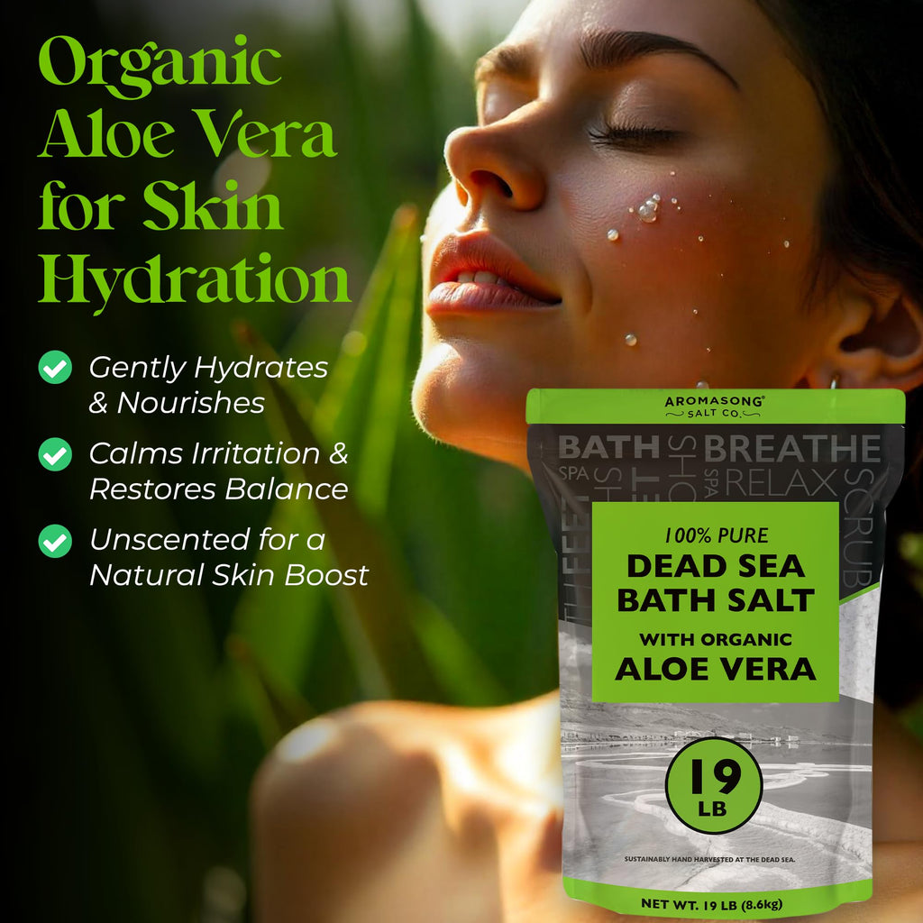 Aromasong Dead Sea Salt with Organic Aloe Vera – 19 Lbs Bulk Spa Bath Salts, Pure & Natural