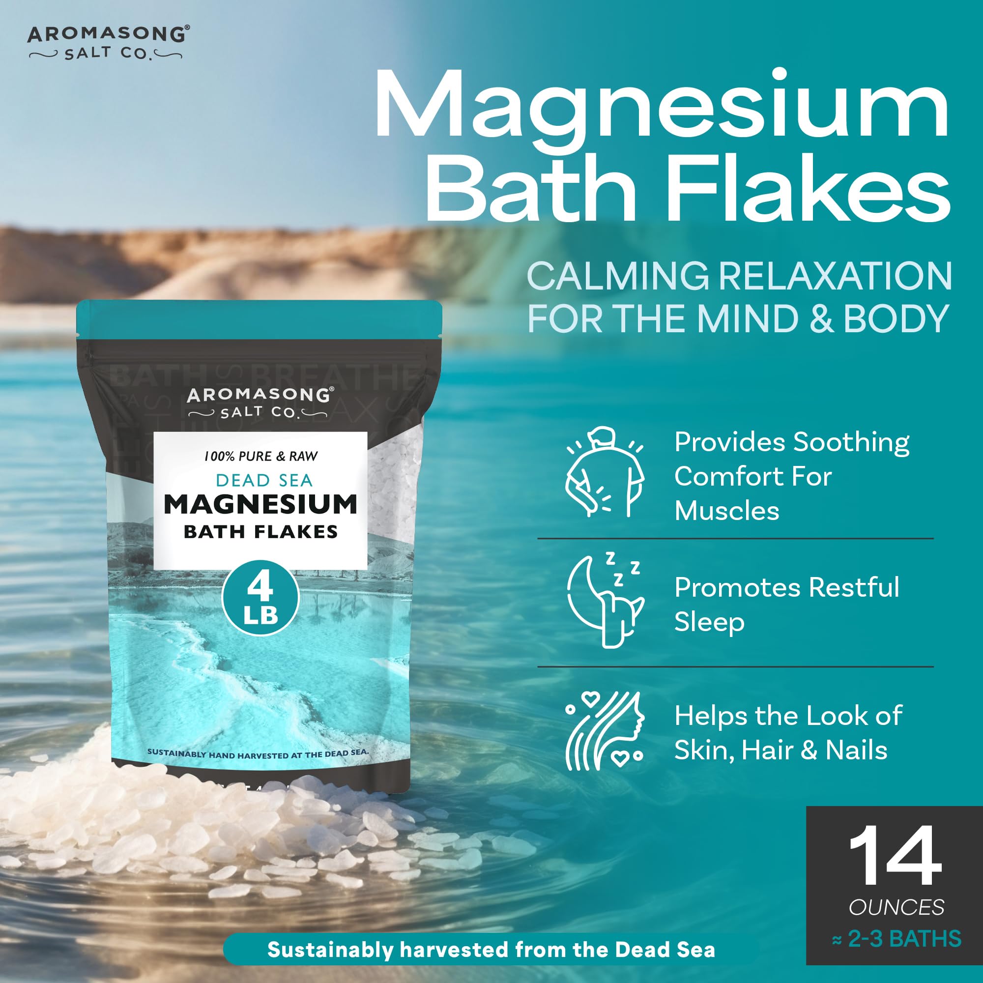 Aromasong Magnesium Flakes for Bath – Dead Sea Mineral Bath Salt, 4 lb Resealable Pack