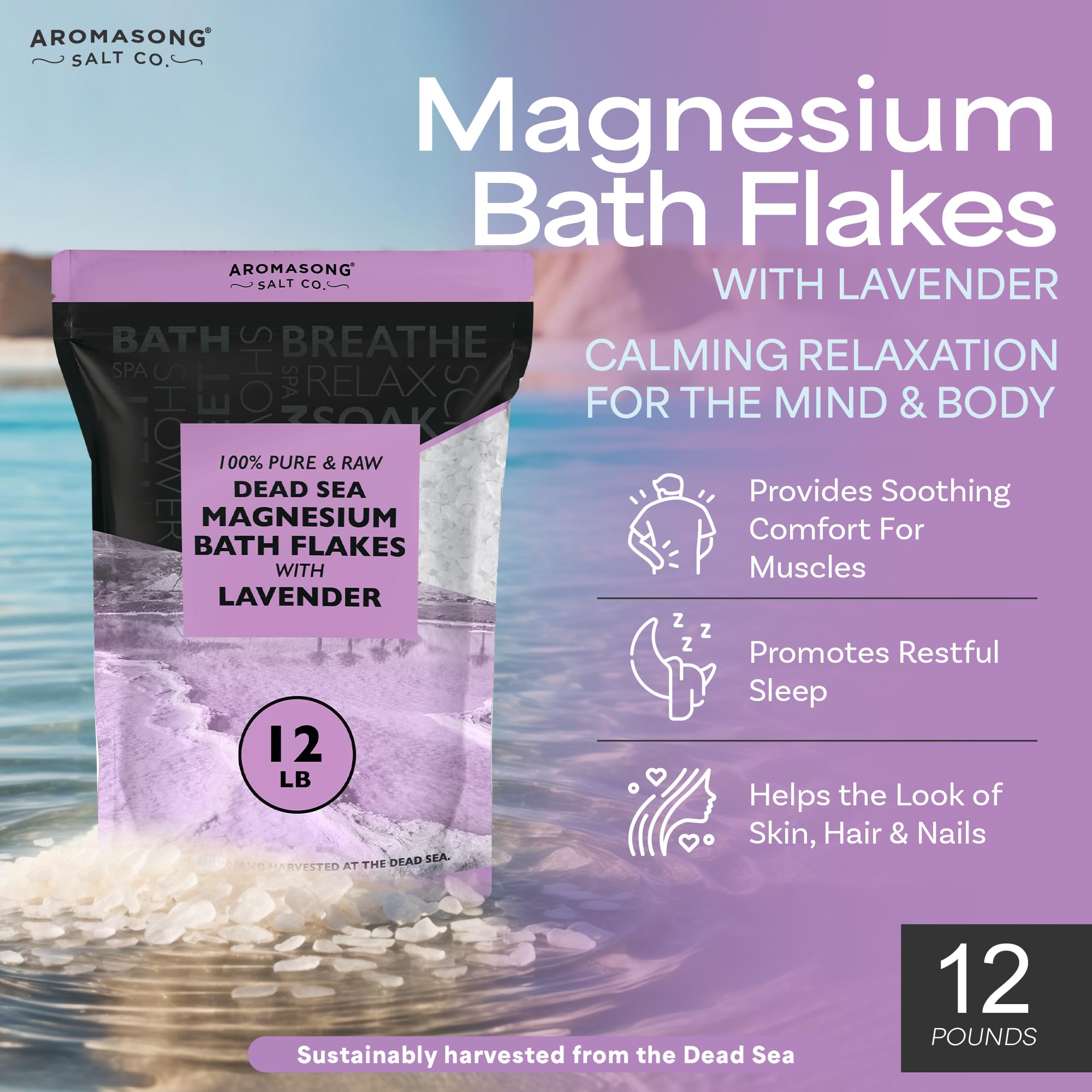 Aromasong RAW Magnesium Bath Flakes with Lavender – 12 lb Bulk Dead Sea MgCl2 Mineral Soak