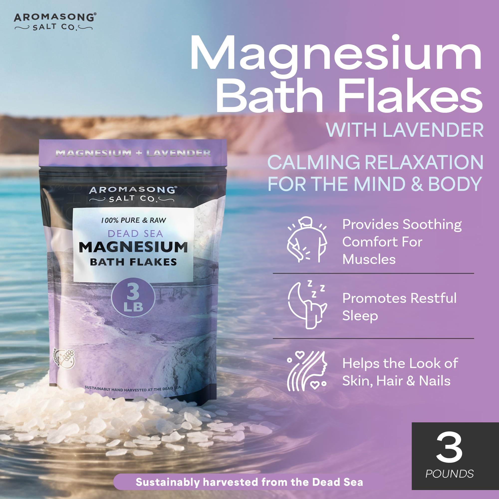 Aromasong RAW Magnesium Bath Flakes with Lavender – 3 lb Dead Sea Magnesium Chloride Mineral Soak