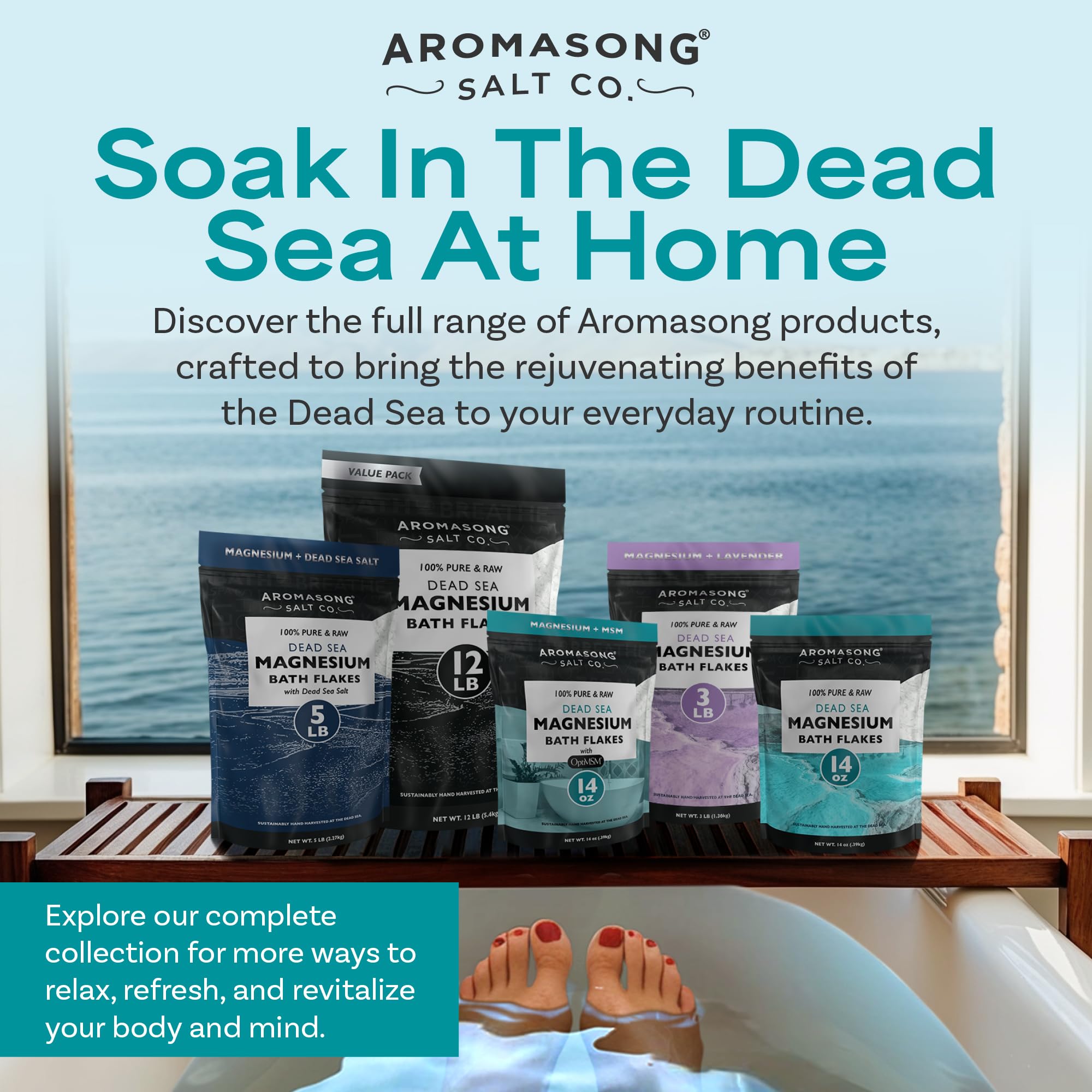 Aromasong Magnesium Flakes for Bath – Dead Sea Mineral Bath Salt, 4 lb Resealable Pack