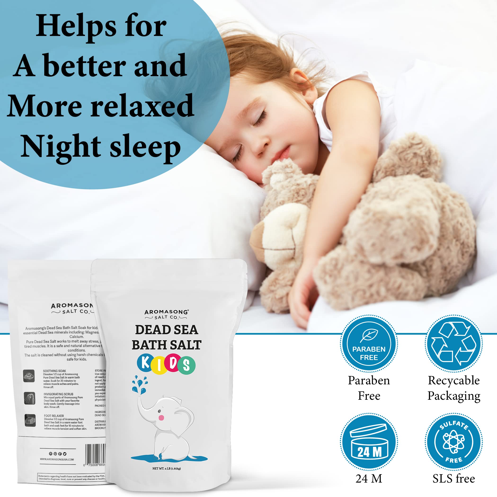 Aromasong Dead Sea Salt for Kids Bath Soak – 4 Lbs Fine Grain, 100% Pure & Natural