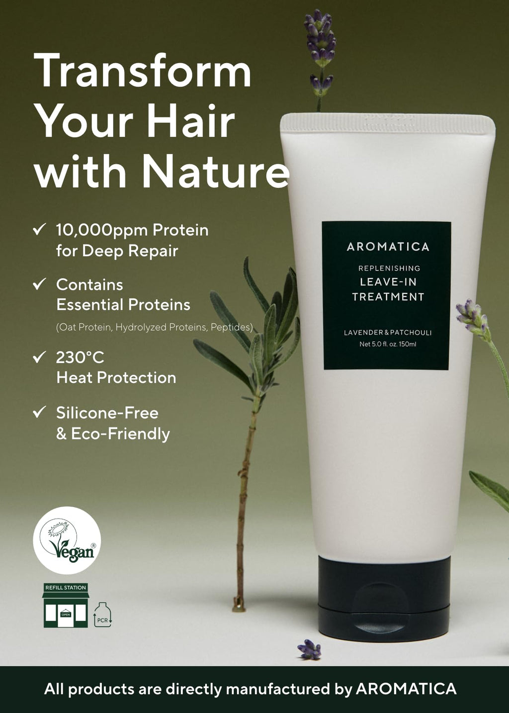 AROMATICA Replenishing Leave-in Conditioner – Lavender & Patchouli | Silicone-Free, Heat Protectant for Damaged Curly Hair (5.0 fl oz)