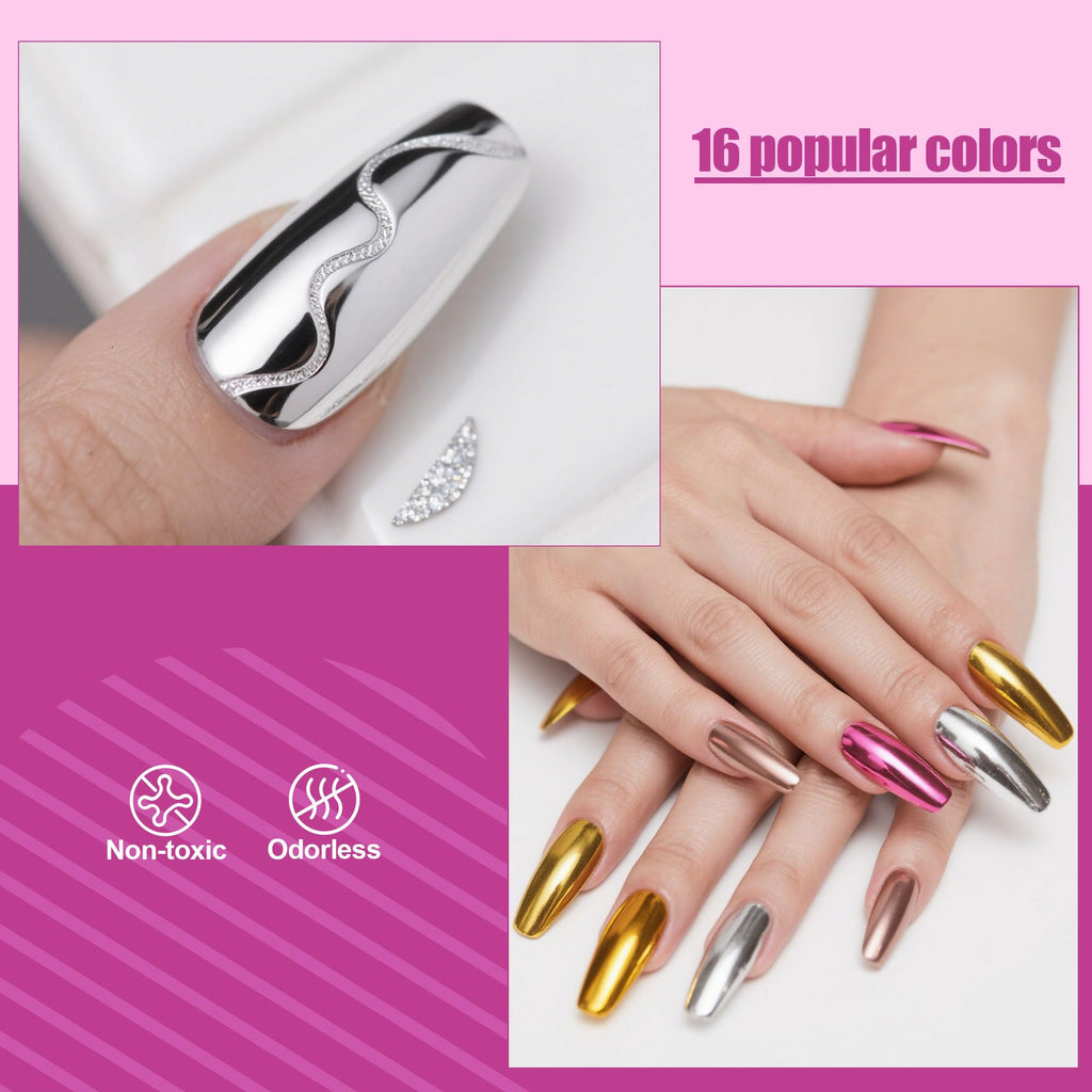 Artdone 16 Jars Chrome Nail Powder Kit – Mirror Chrome Pigments for Nails & Resin