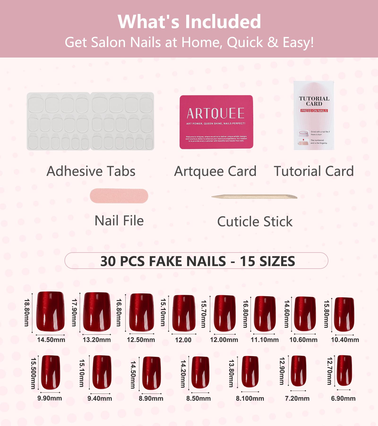 Artquee Red Cat Eye Press-On Nails Kit – 30pcs, 15 Sizes, Glossy Reusable Square Nails