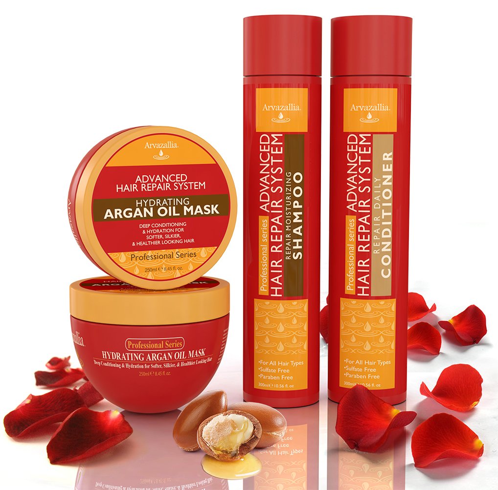 Arvazallia Advanced Hair Repair System — Sulfate-Free Shampoo, Conditioner & Deep Mask with Argan & Macadamia Oil