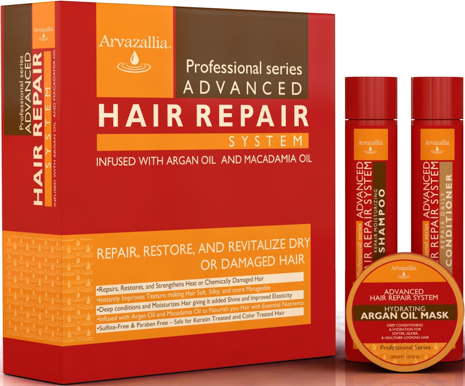 Arvazallia Advanced Hair Repair System — Sulfate-Free Shampoo, Conditioner & Deep Mask with Argan & Macadamia Oil