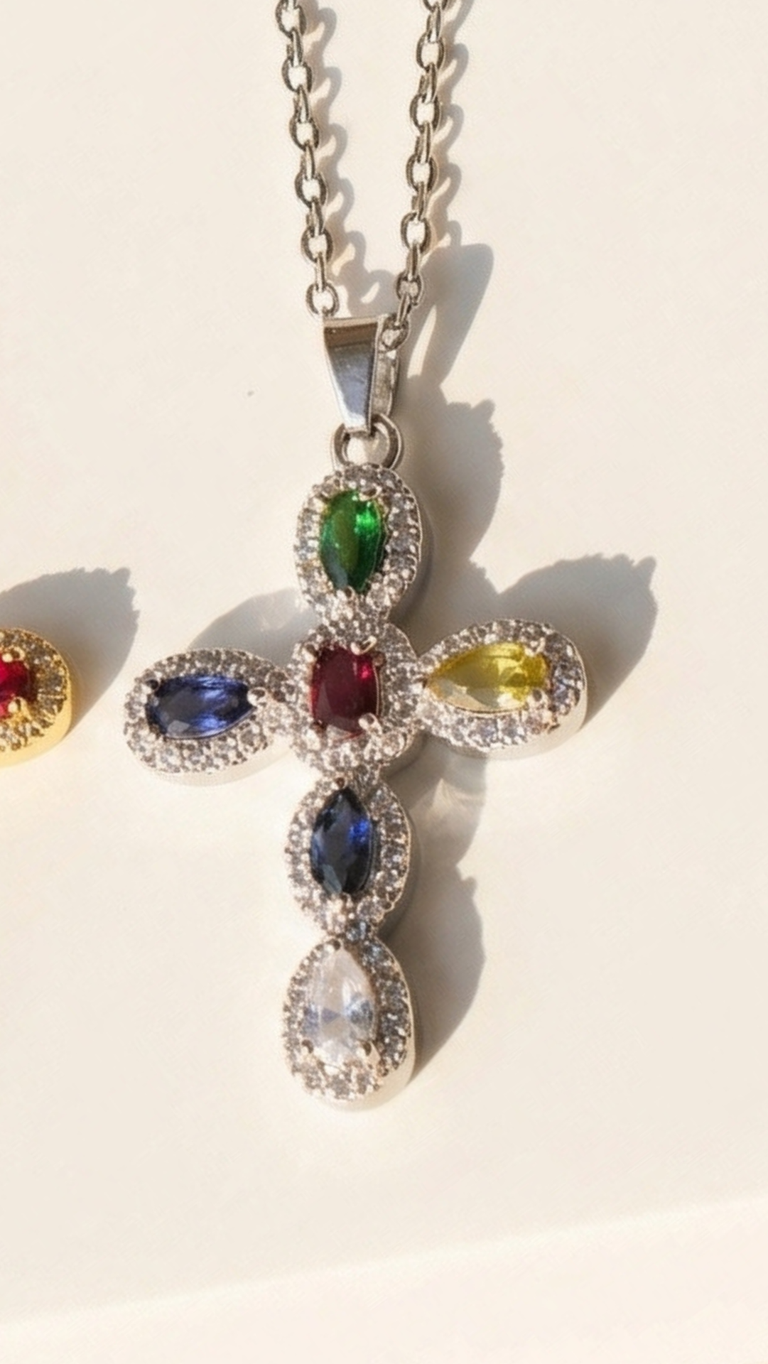 Waterproof Rainbow Crystal Cross Stainless Steel Necklace