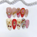 ASABITE 10Pcs Handmade Almond Medium Press-On Nails with 3D Bow Rose Pearl Rhinestone Design