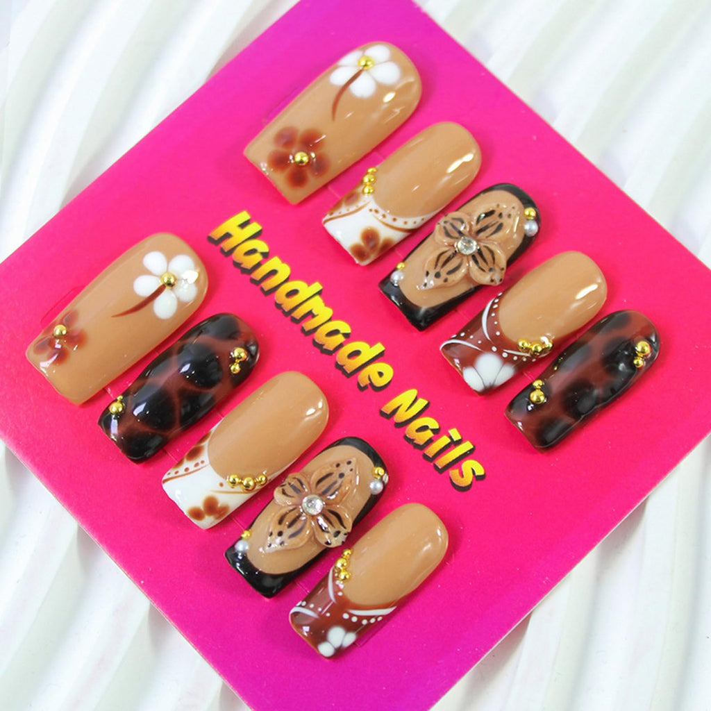 ASABITE 10Pcs Handmade Coffin Press-On Nails with 3D Flower Design