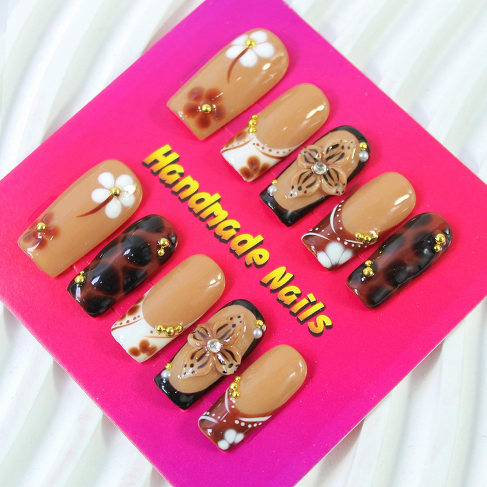 ASABITE 10Pcs Handmade Coffin Press-On Nails with 3D Flower Design