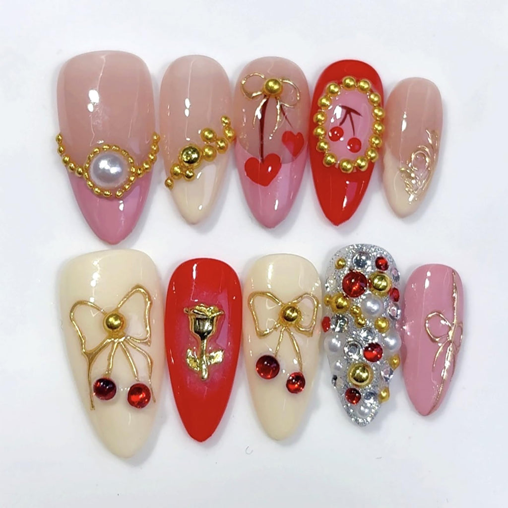 ASABITE 10Pcs Handmade Almond Medium Press-On Nails with 3D Bow Rose Pearl Rhinestone Design