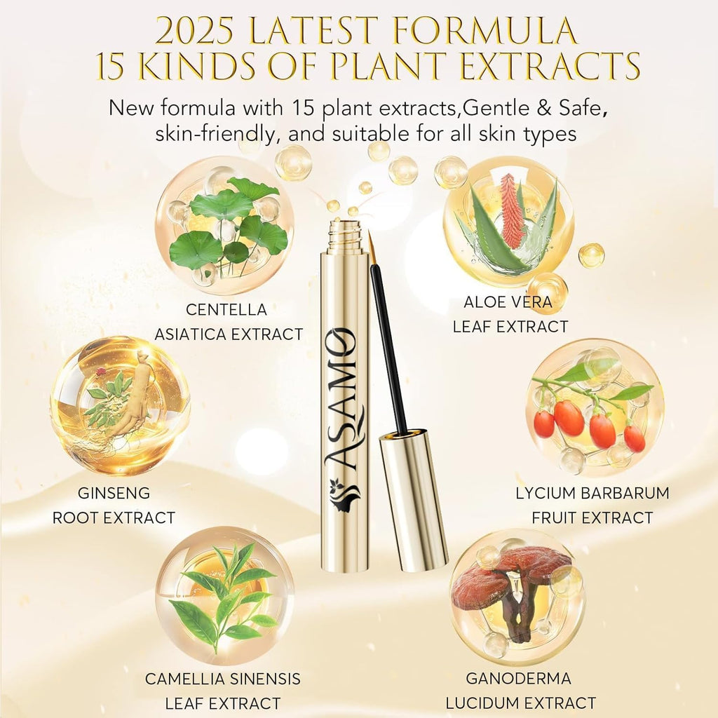 ASAMO Eyelash Growth Serum – 15 Plant Extracts for Longer, Denser Lashes | Oil-Free & Hypoallergenic (PURE GOLD)