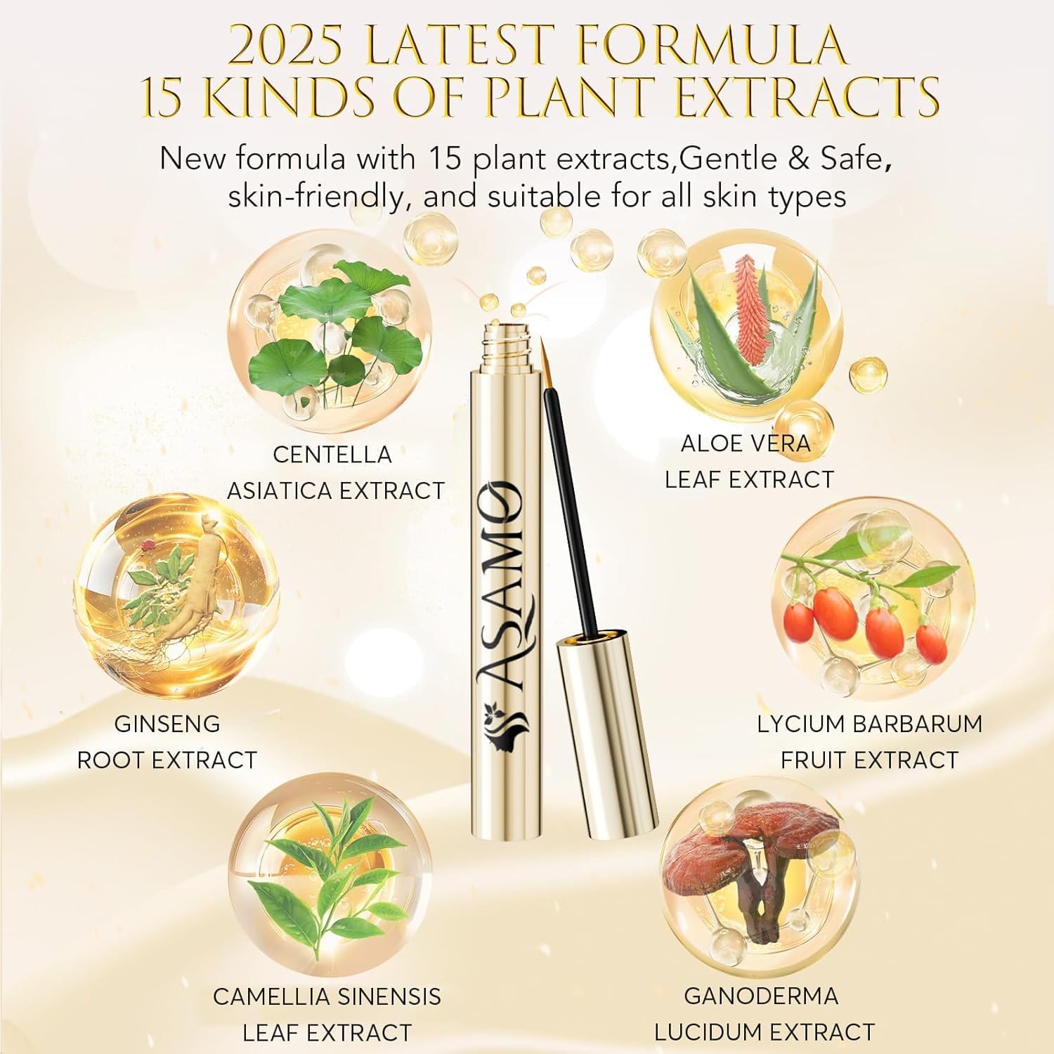 ASAMO Eyelash Growth Serum – 15 Plant Extracts for Longer, Denser Lashes | Oil-Free & Hypoallergenic (PURE GOLD)
