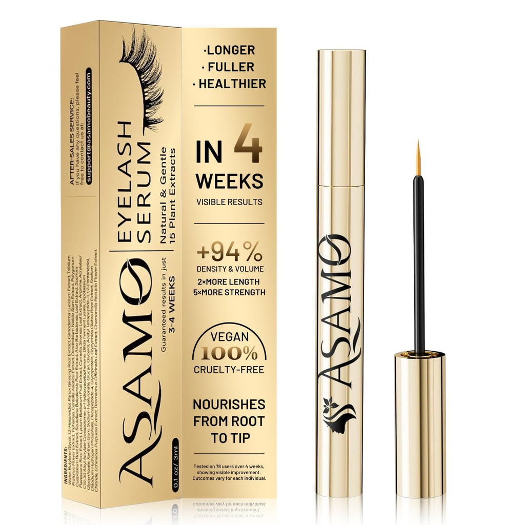 ASAMO Eyelash Growth Serum – 15 Plant Extracts for Longer, Denser Lashes | Oil-Free & Hypoallergenic (PURE GOLD)