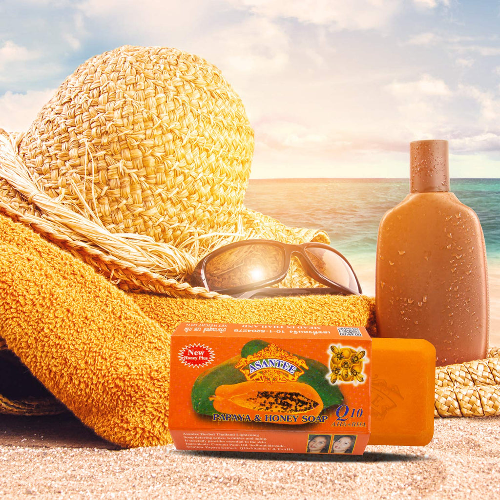 ASANTEE Papaya & Honey Soap Bars – Vitamin C, E & Q10, 3-Pack (4.4 oz each)