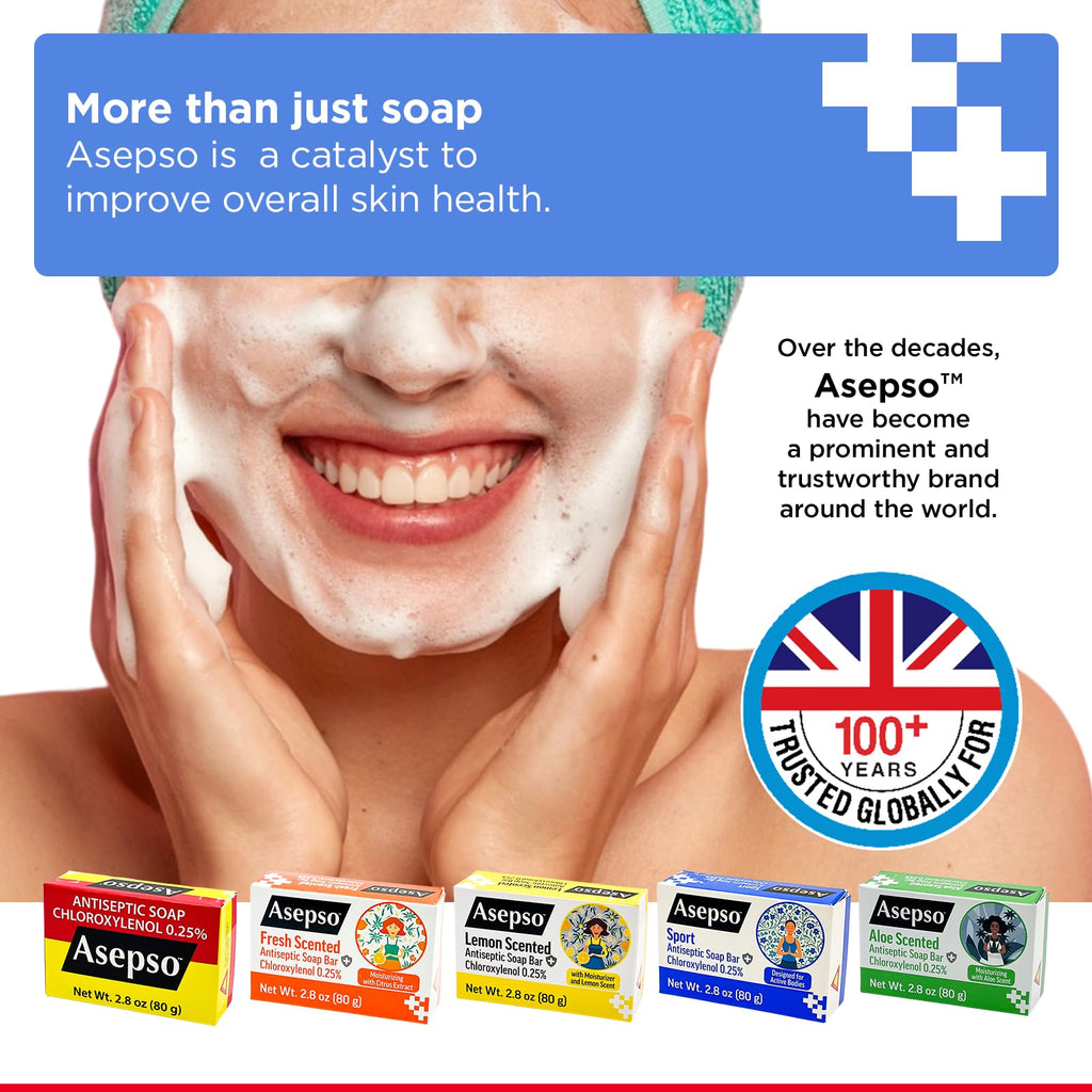 Asepso Antibacterial Original Bar Soap – 4 Pack 80g Each | Gentle Cleansing with Hydration and Classic Scent