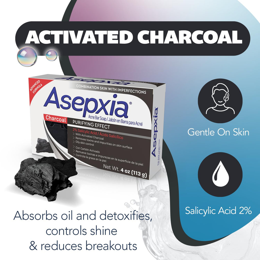 Asepxia Salicylic Acid & Activated Charcoal Bar Soap – Acne Treatment, Deep Cleansing Facial Cleanser, 4 Oz, 5-Pack