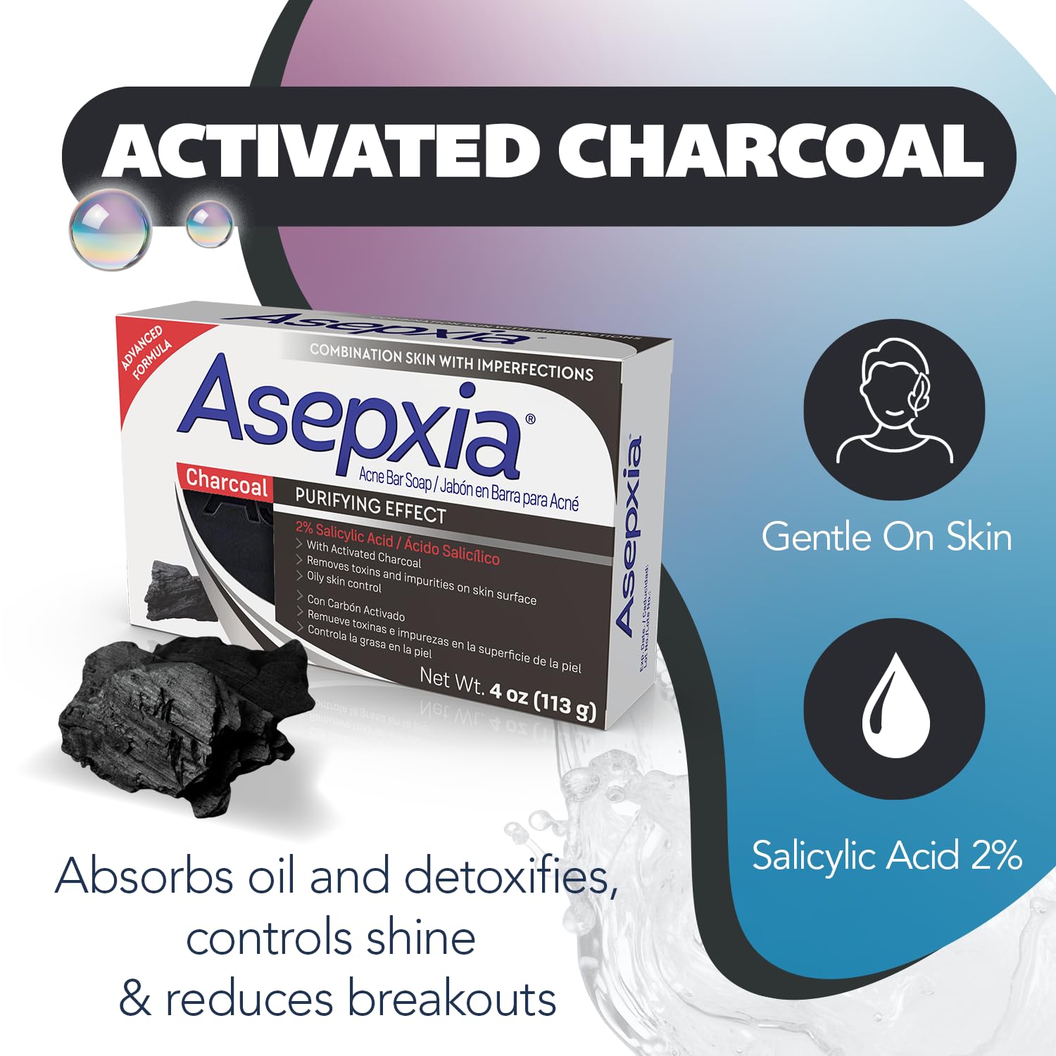 Asepxia Salicylic Acid & Activated Charcoal Bar Soap – Acne Treatment, Deep Cleansing Facial Cleanser, 4 Oz, 5-Pack