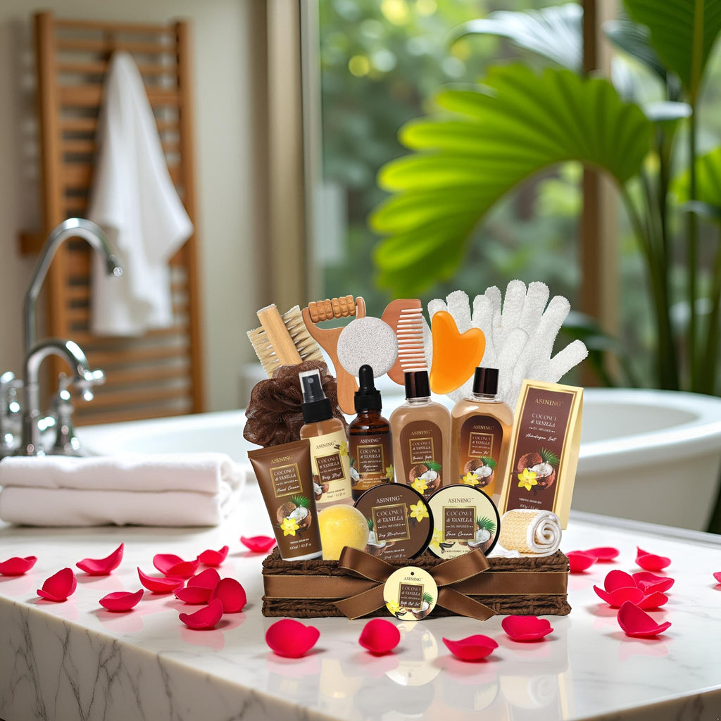 ASINING Spa Basket for Women & Men – Coconut Vanilla Gift Set