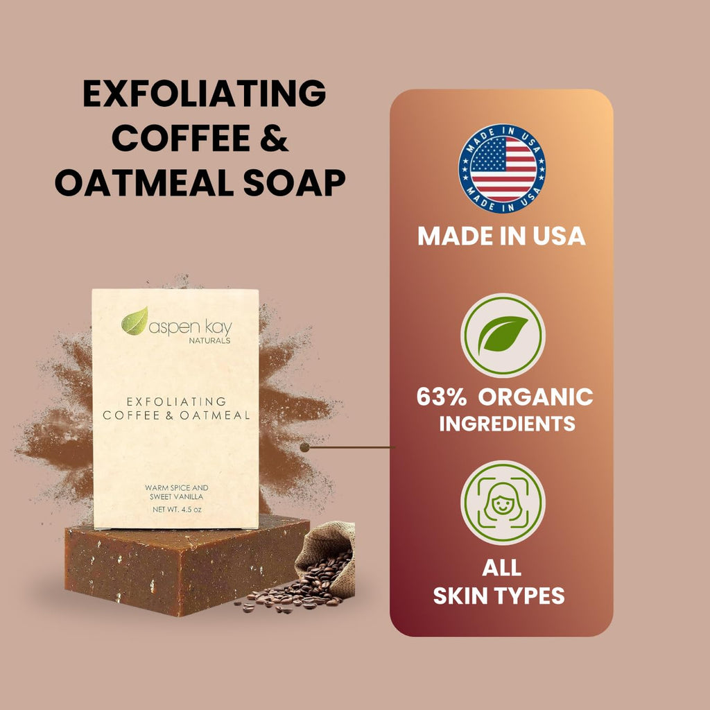 Aspen Kay Naturals Coffee & Oatmeal Exfoliating Soap – Organic Shea Butter & Essential Oils (2 Pack)