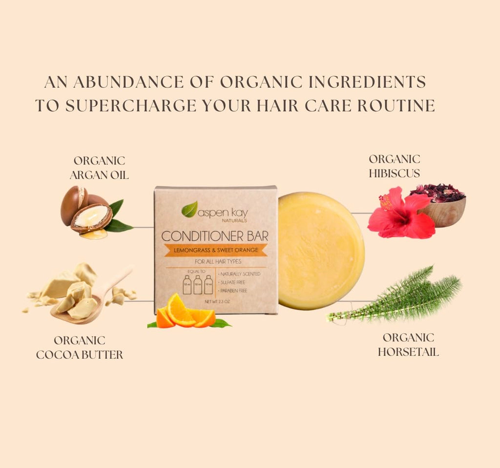 Aspen Kay Naturals Solid Lemongrass & Sweet Orange Conditioner Bar - 2.3 oz (2-Pack), Organic, Sulfate-Free, Cruelty-Free