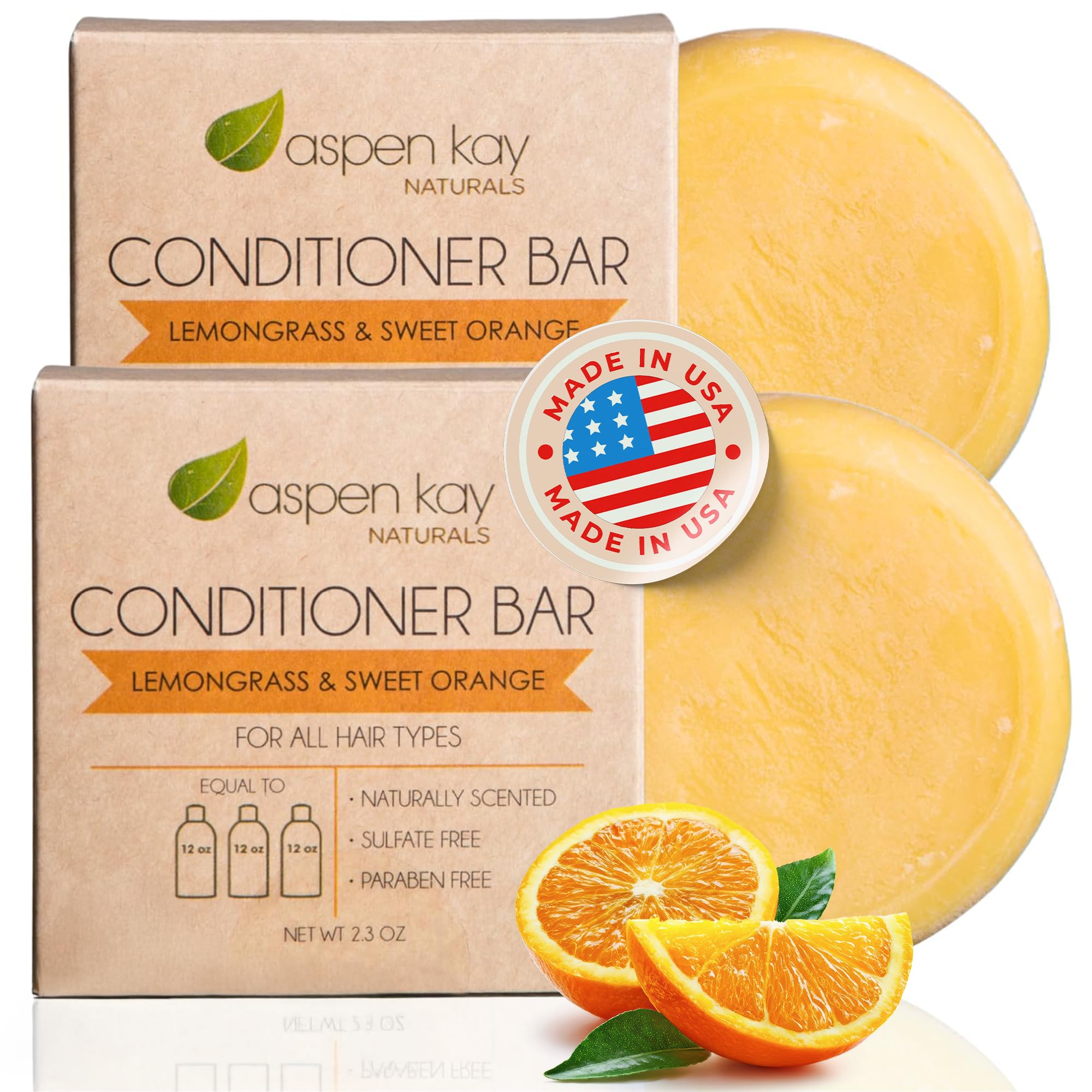 Aspen Kay Naturals Solid Lemongrass & Sweet Orange Conditioner Bar - 2.3 oz (2-Pack), Organic, Sulfate-Free, Cruelty-Free