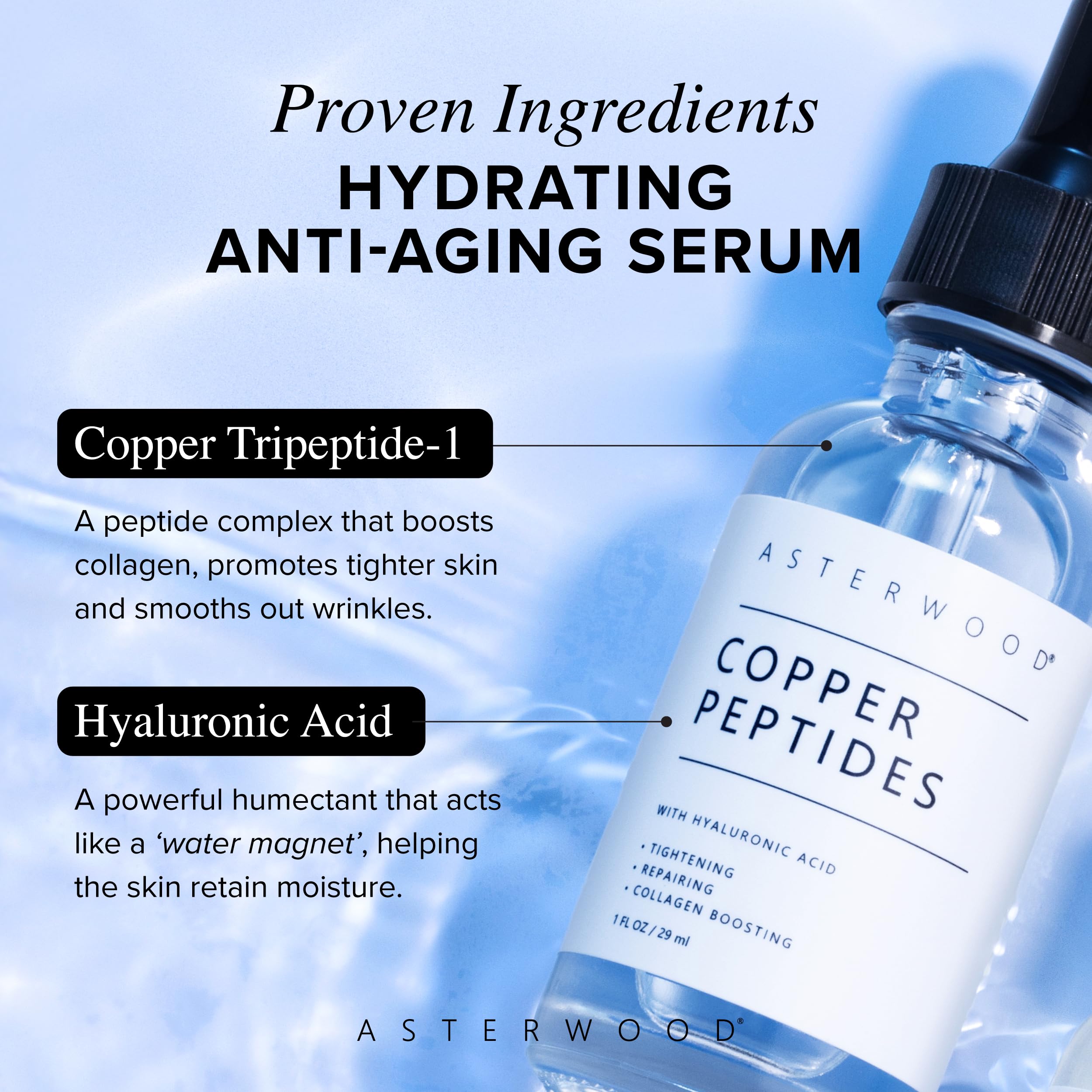 Asterwood Copper Peptides Serum for Face – Tightening, Repairing, Collagen Boosting with GHK-Cu & Hyaluronic Acid, 8 Fl Oz