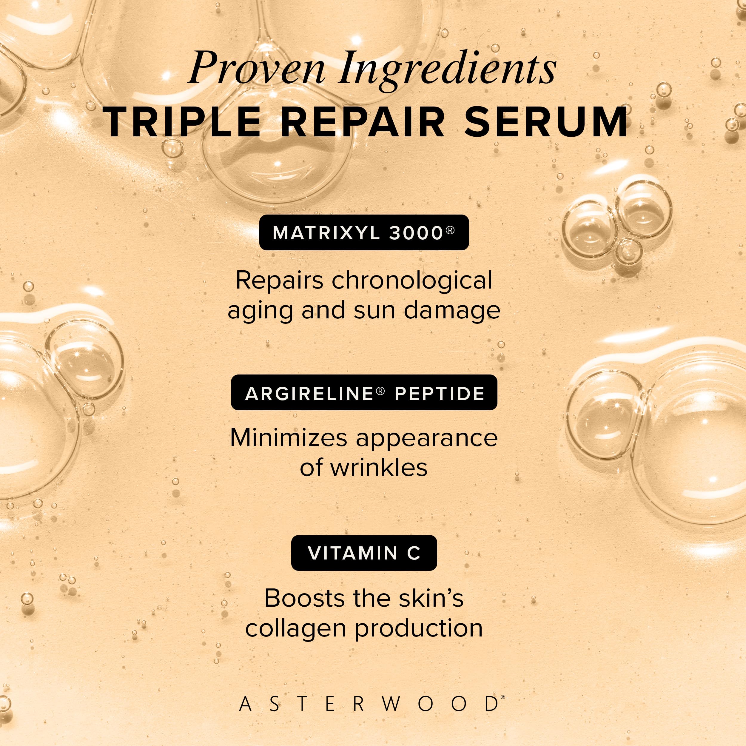 Asterwood Triple Repair Serum | Matrixyl 3000 + Argireline + Vitamin C + Hyaluronic Acid (Fragrance-Free) – 4 Fl Oz